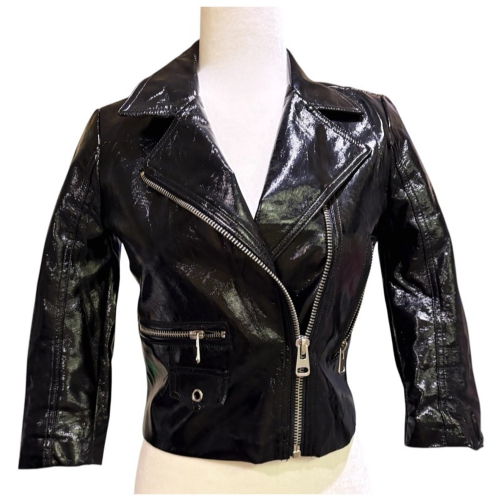 Missguided Jacket Biker Black Patent Faux Leather Jacket NEW Size 2
